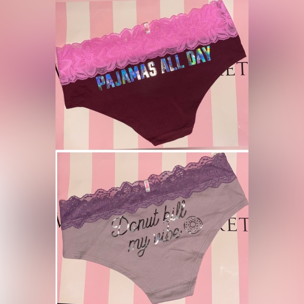 2 Victoria’s Secret Pink Panties bundle PINK cotton lace hipster holo graphic
